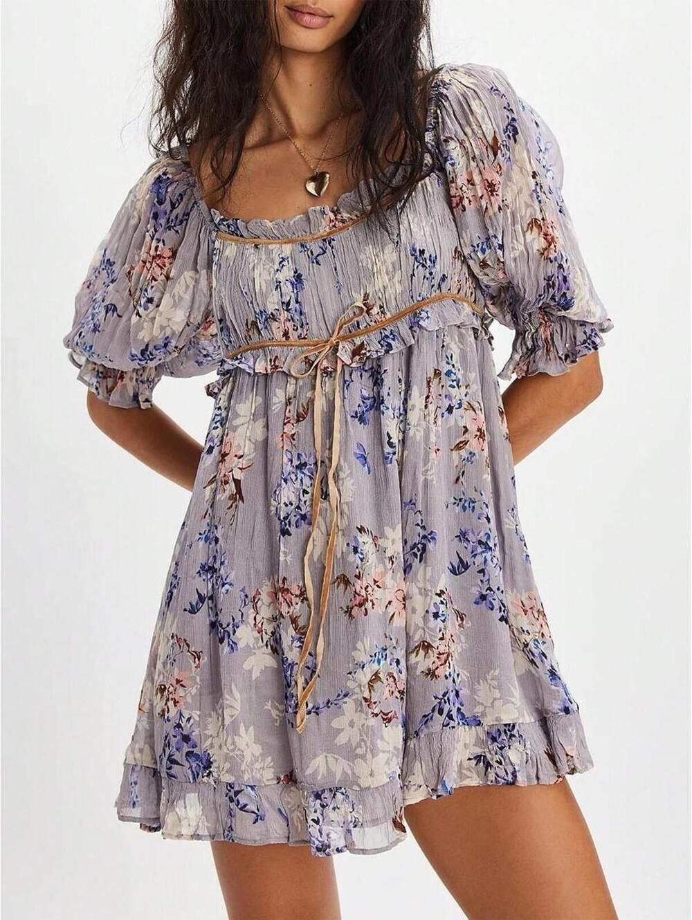 FREE PEOPLE Marney Floral Prt Puff Sleeve Ruffled Babydoll Dress Sz XS #1209